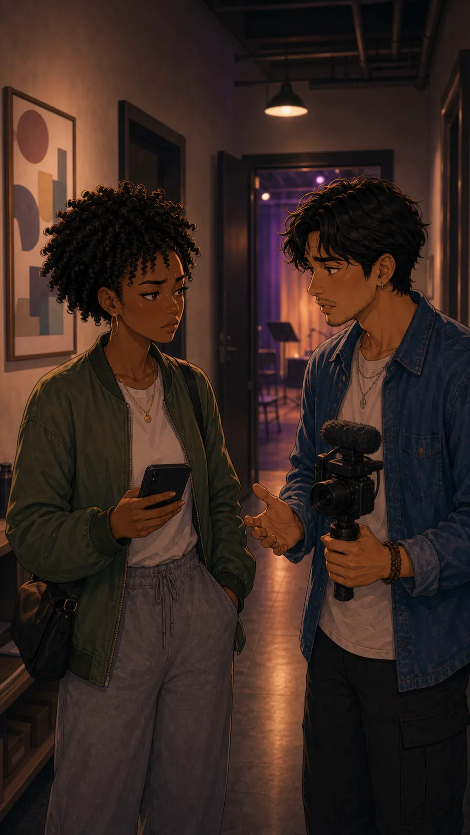 June and Marco discuss the auto-captioned recap in a hallway.