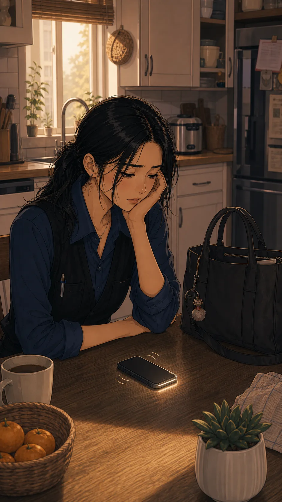 Emi sits tired at a kitchen table as her phone buzzes beside her work bag.