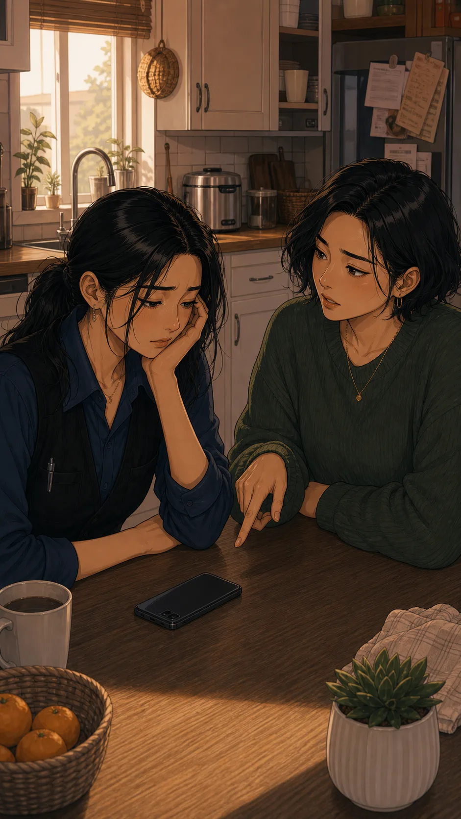 Nora offers to help Emi adjust her phone settings.