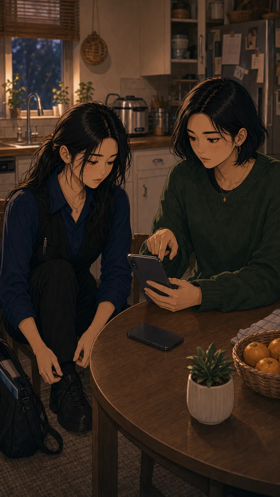 Nora adjusts Emi's phone settings while Emi gets ready for work.