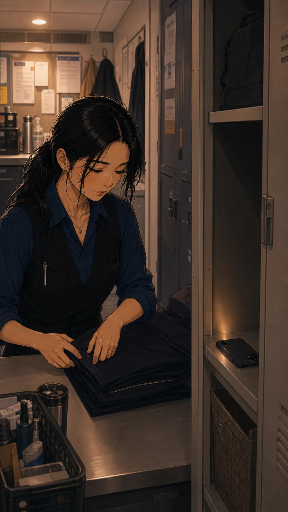 Emi works unaware while her phone sends auto-replies from a locker shelf.