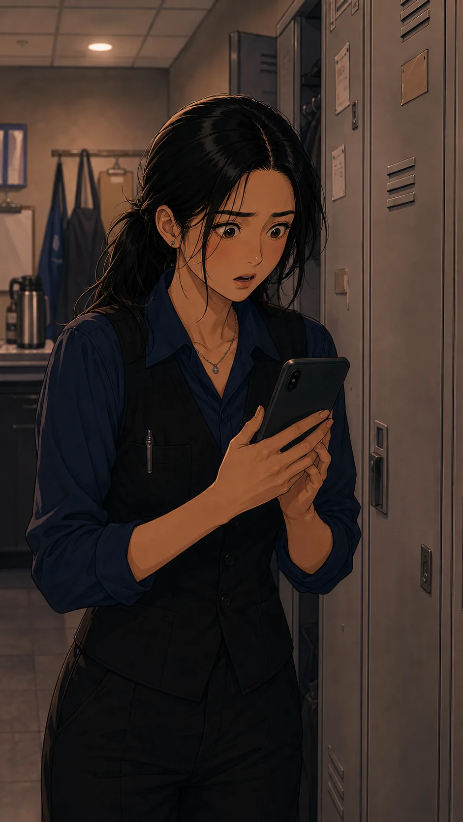 Emi looks shocked at her phone after seeing family reactions.