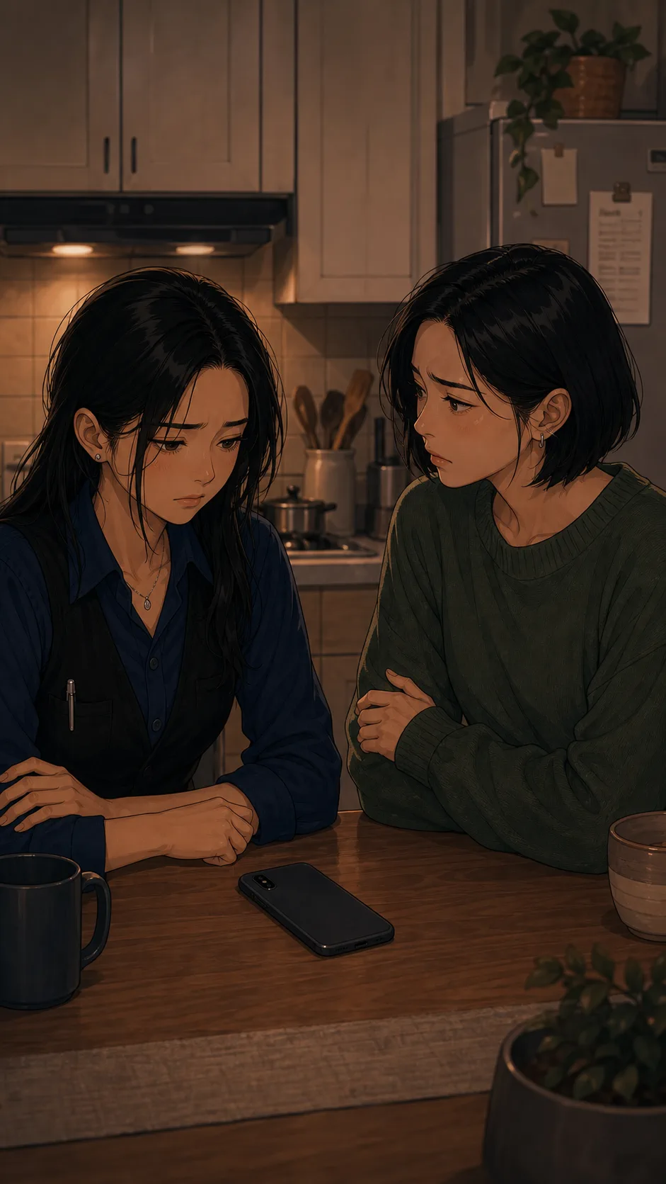 Emi confronts Nora at the kitchen table with the phone between them.