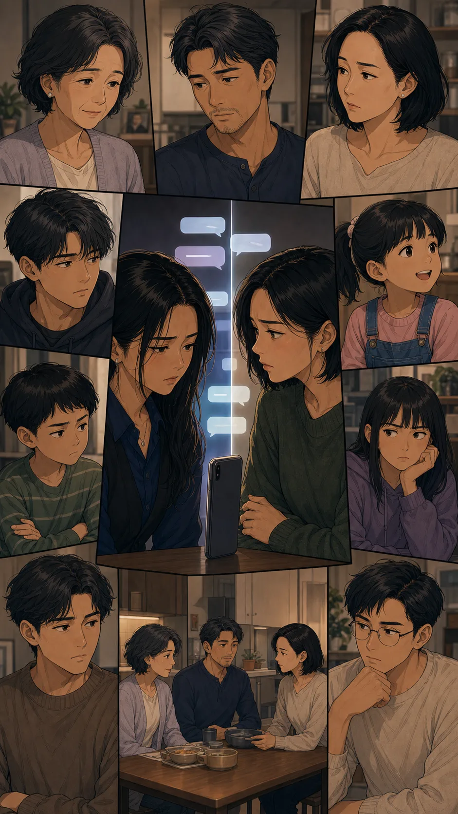 Family members split over the auto-reply setting in a stylized montage.