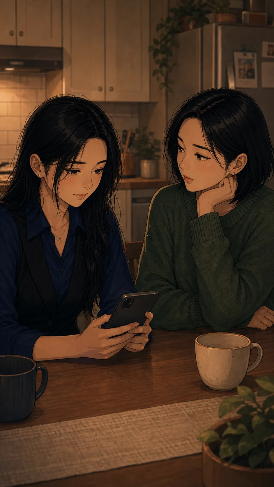 Emi holds her phone at the kitchen table and prepares to send a real message.
