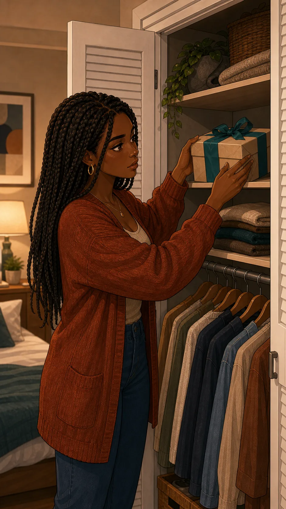 Elise places a wrapped backup gift on a closet shelf.