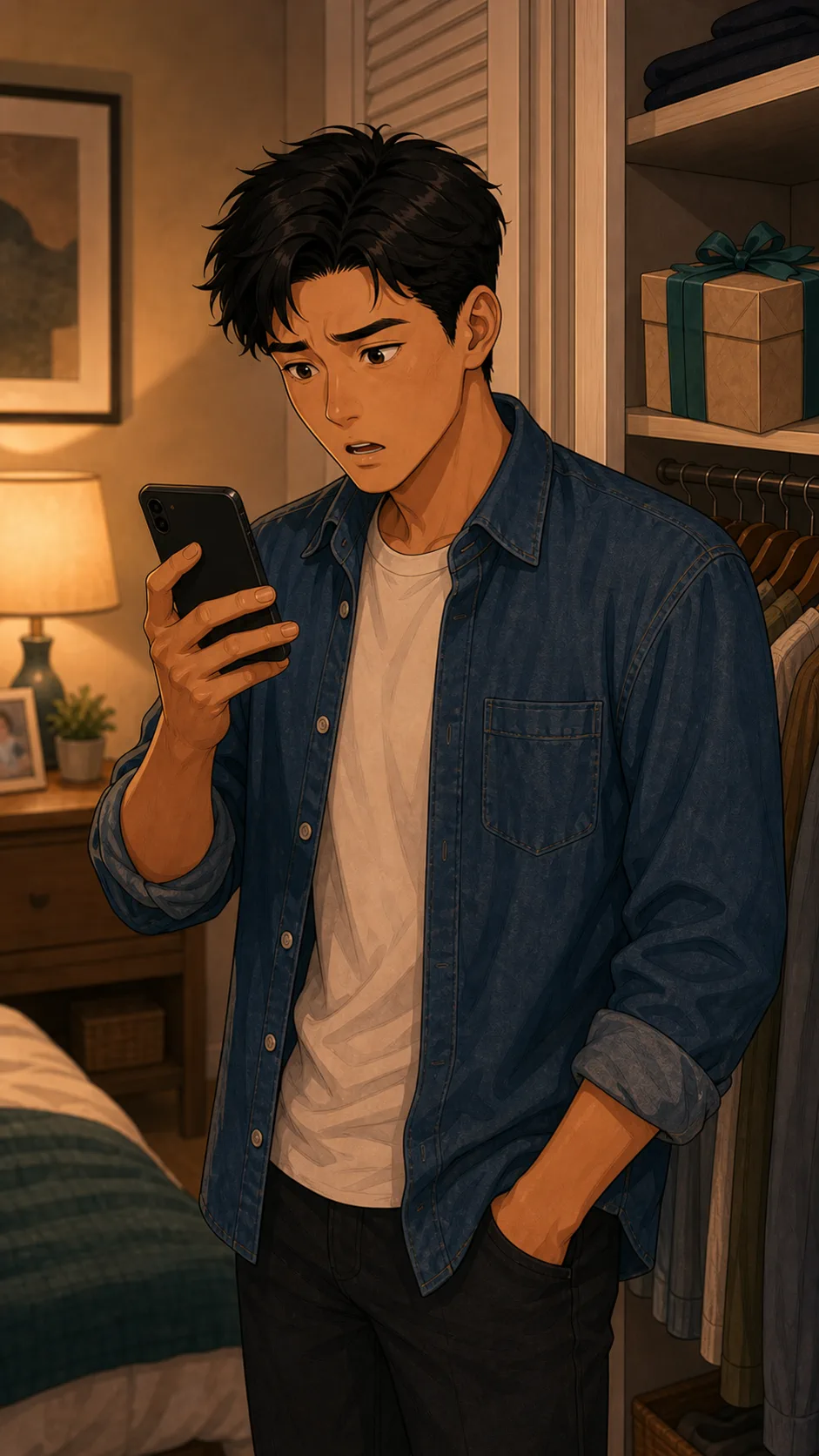 Ben takes a rushed family call near Elise's closet.