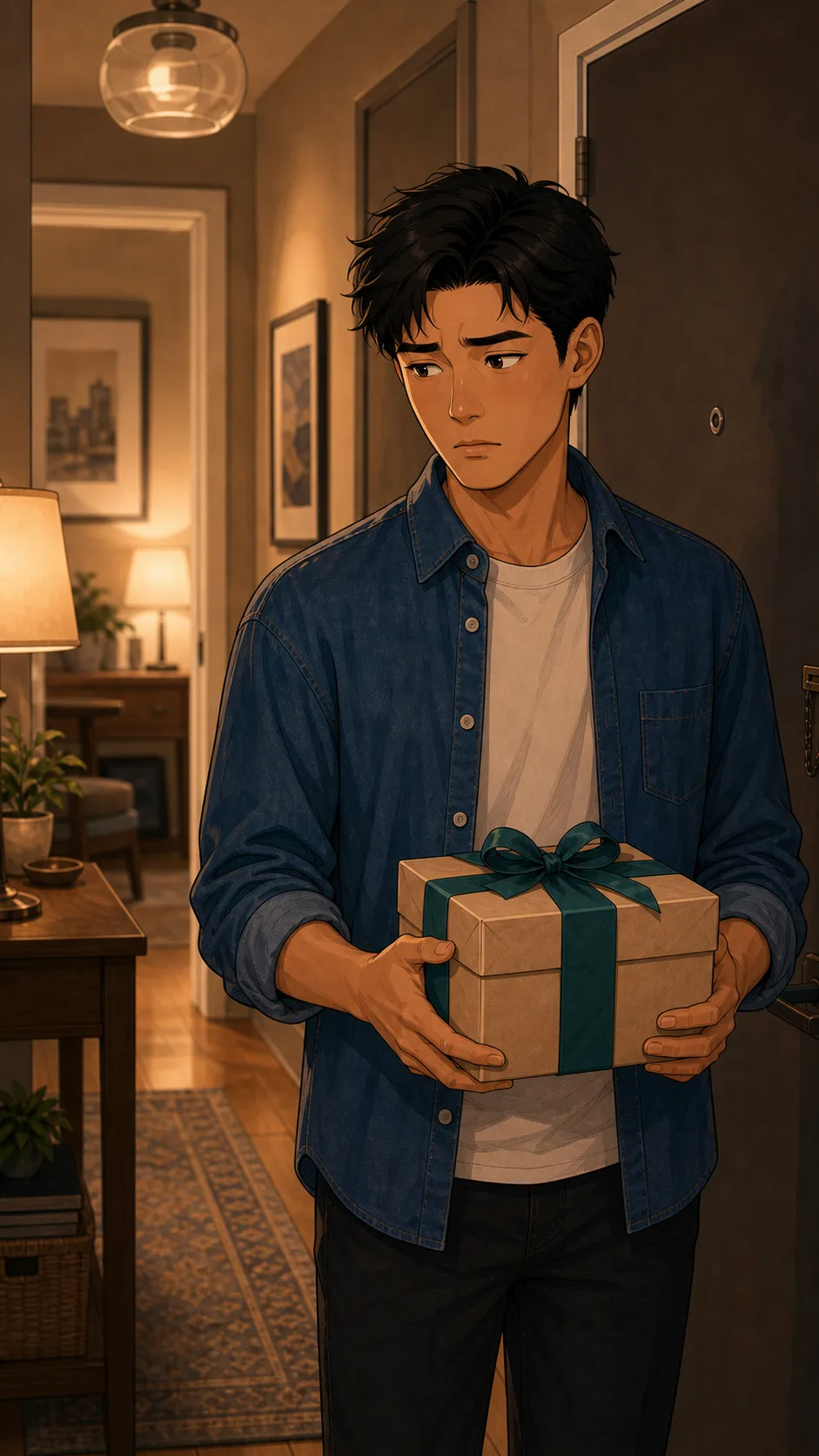 Ben carries Elise's wrapped gift out of the apartment.