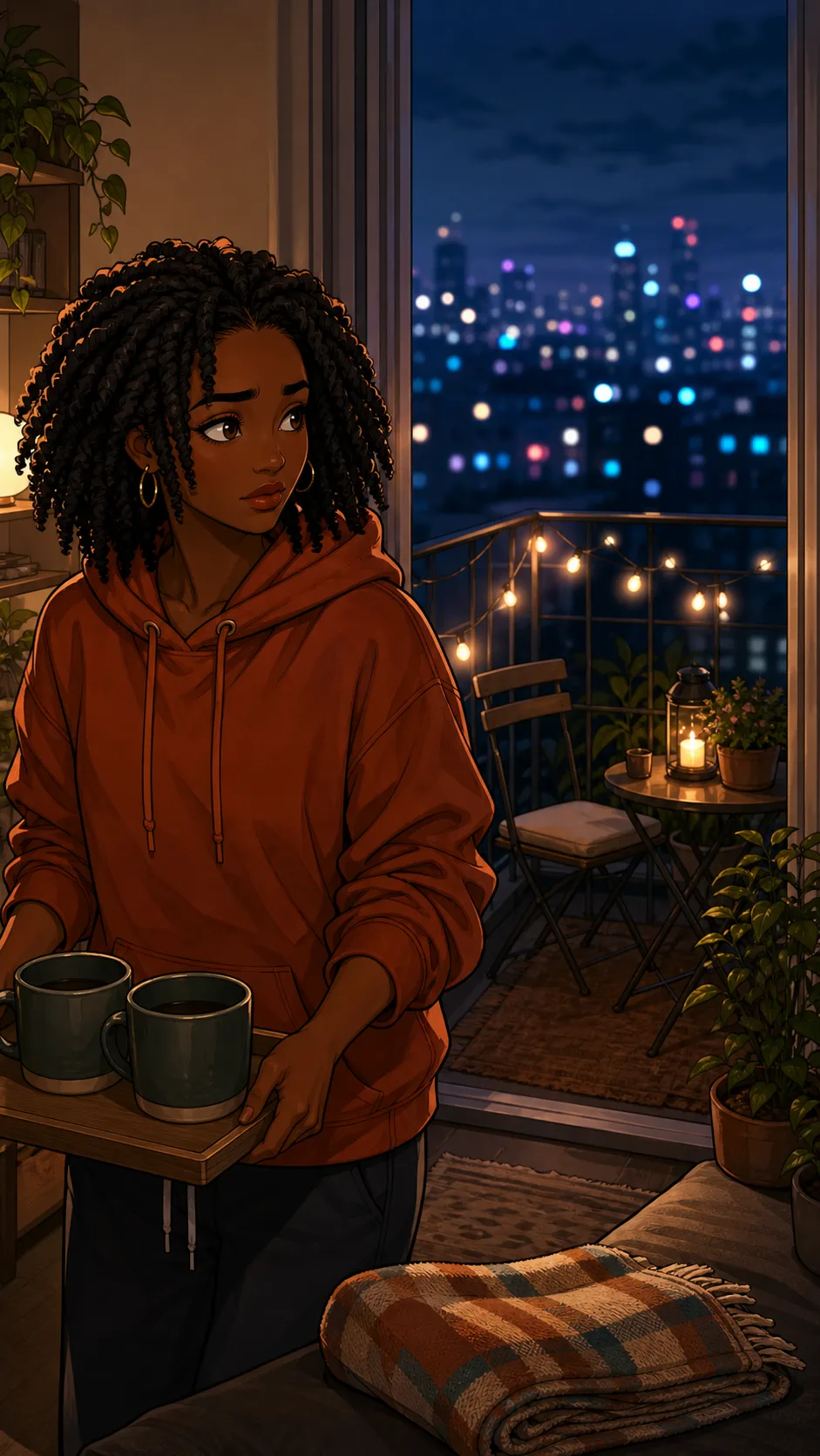 Maya prepares a small balcony setup with cups and a blanket.