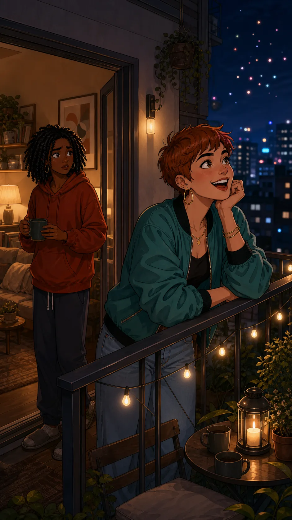 Tess looks excited by the balcony view while Maya watches cautiously.