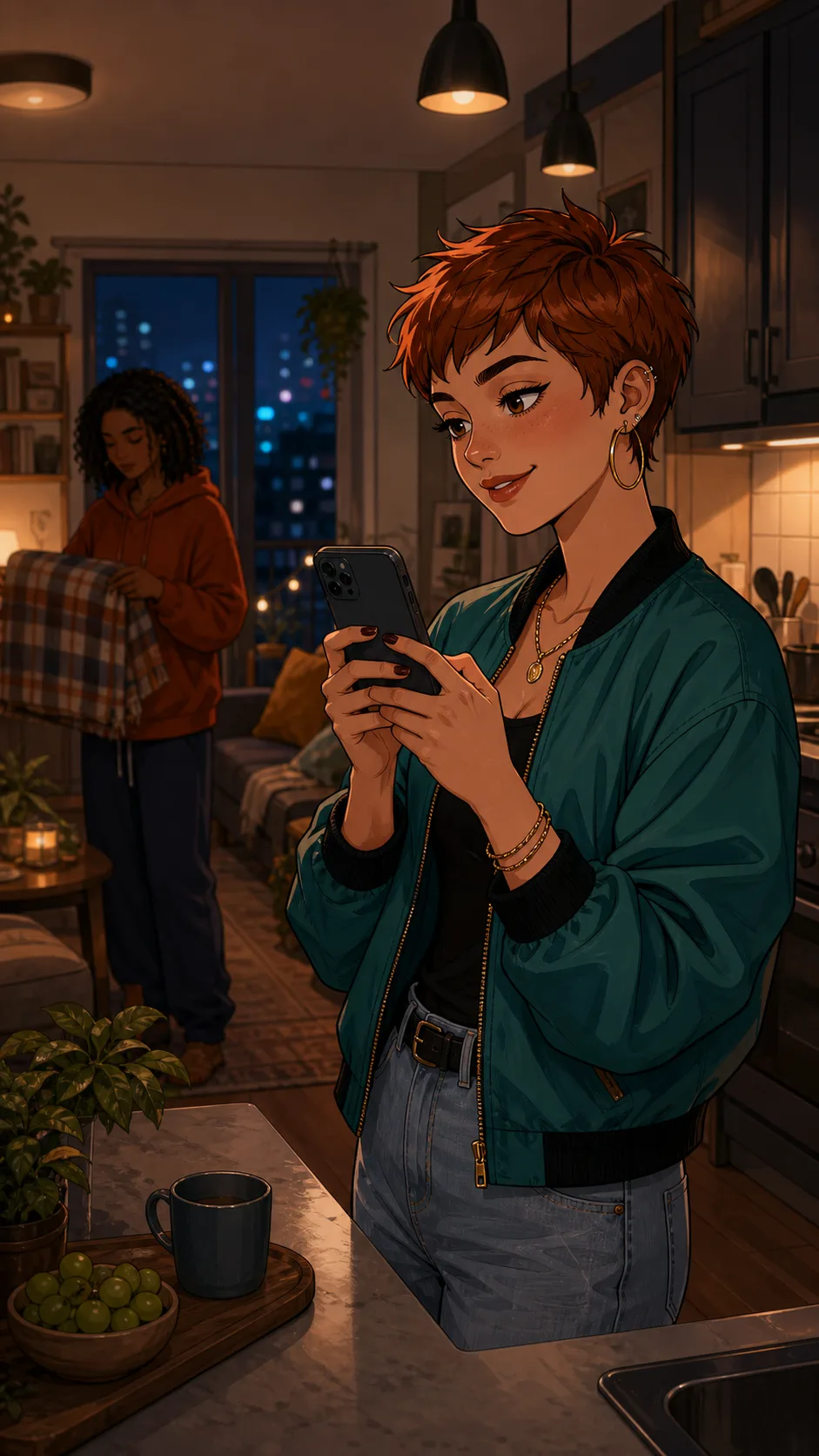 Tess messages friends while Maya prepares in the background.