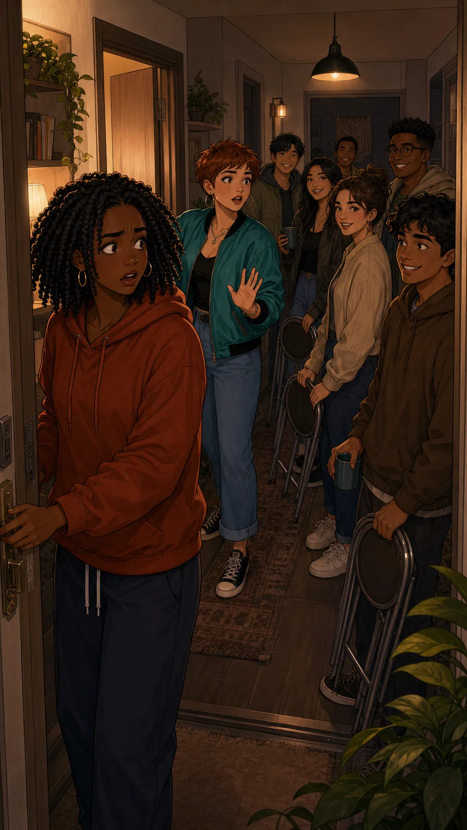 Maya opens the door and sees extra guests waiting in the hallway.