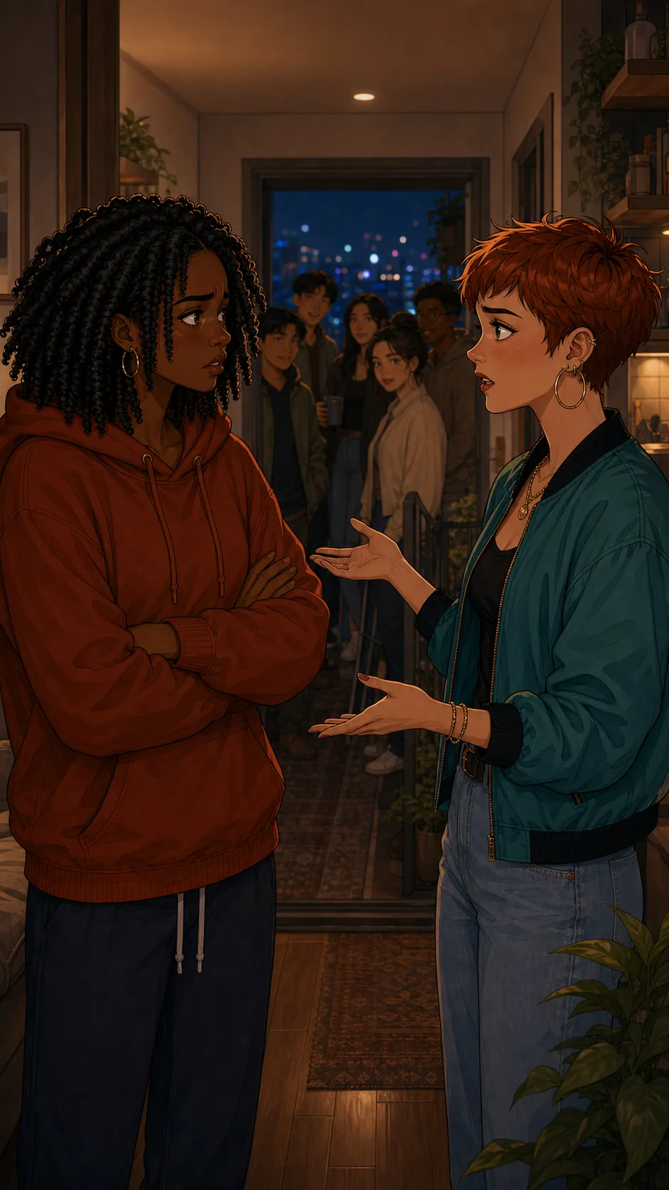 Maya confronts Tess beside the balcony door.