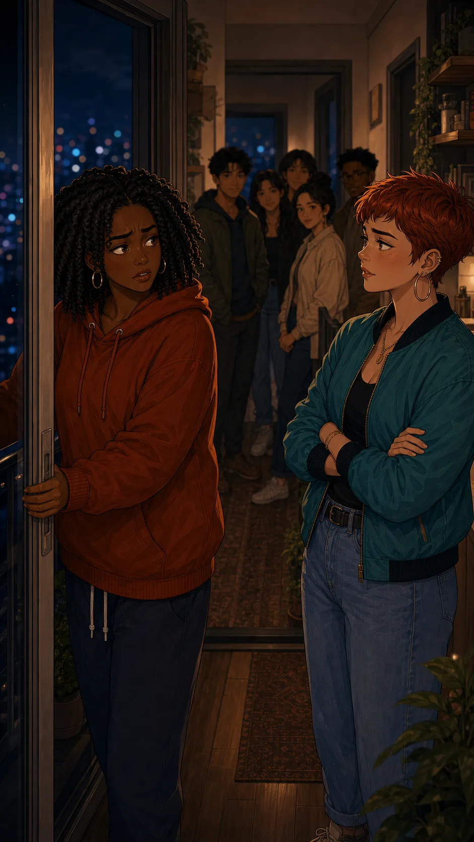 Maya holds the balcony door while deciding what should happen next.
