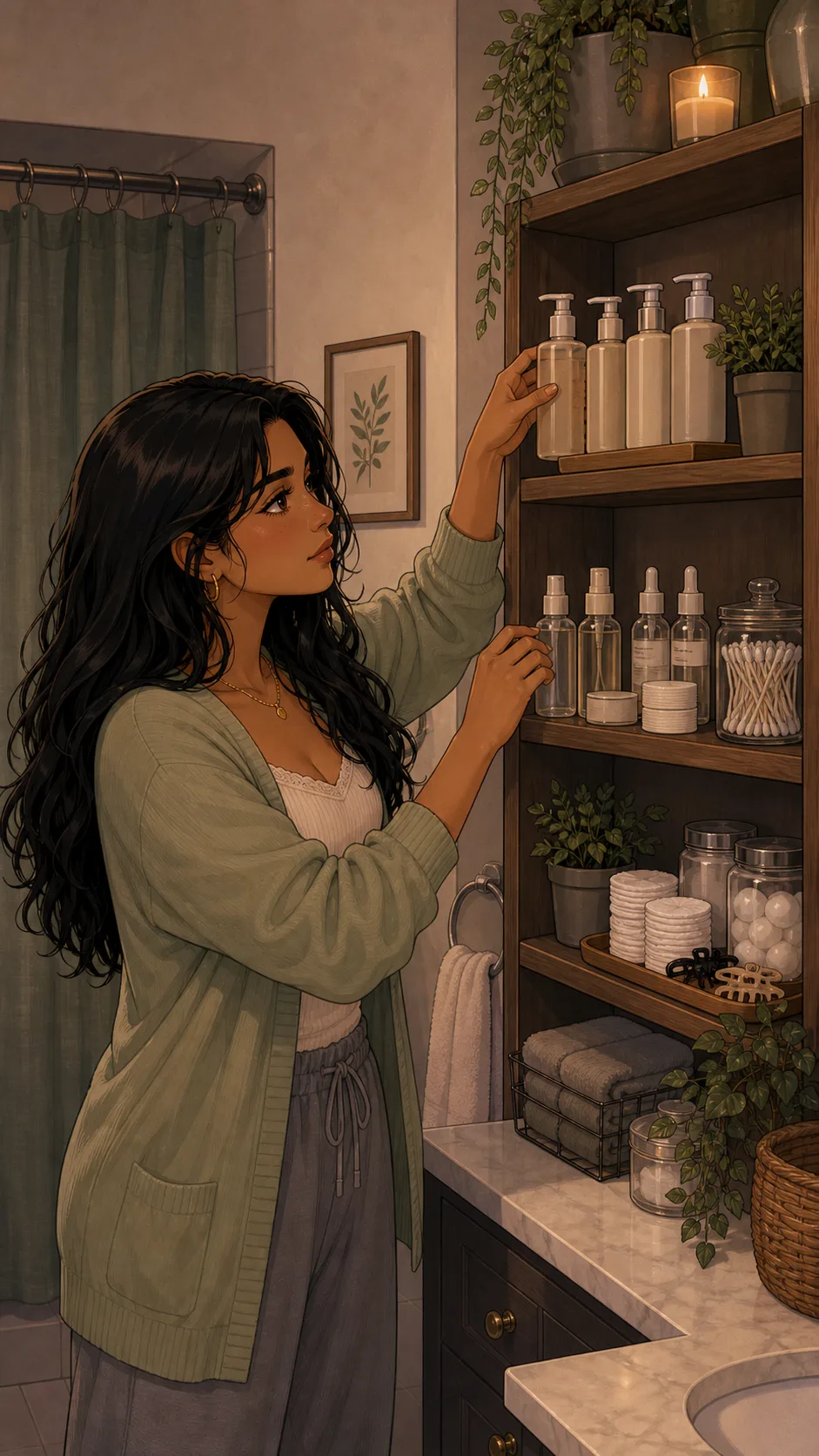 Lina organizes blank unbranded items on her bathroom shelf.