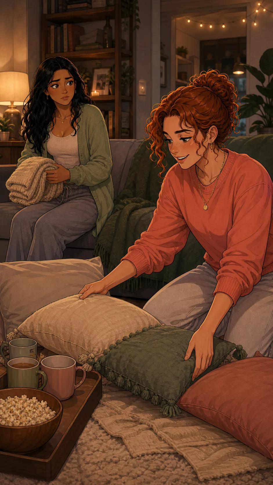 Harper prepares the apartment for movie night while Lina watches.