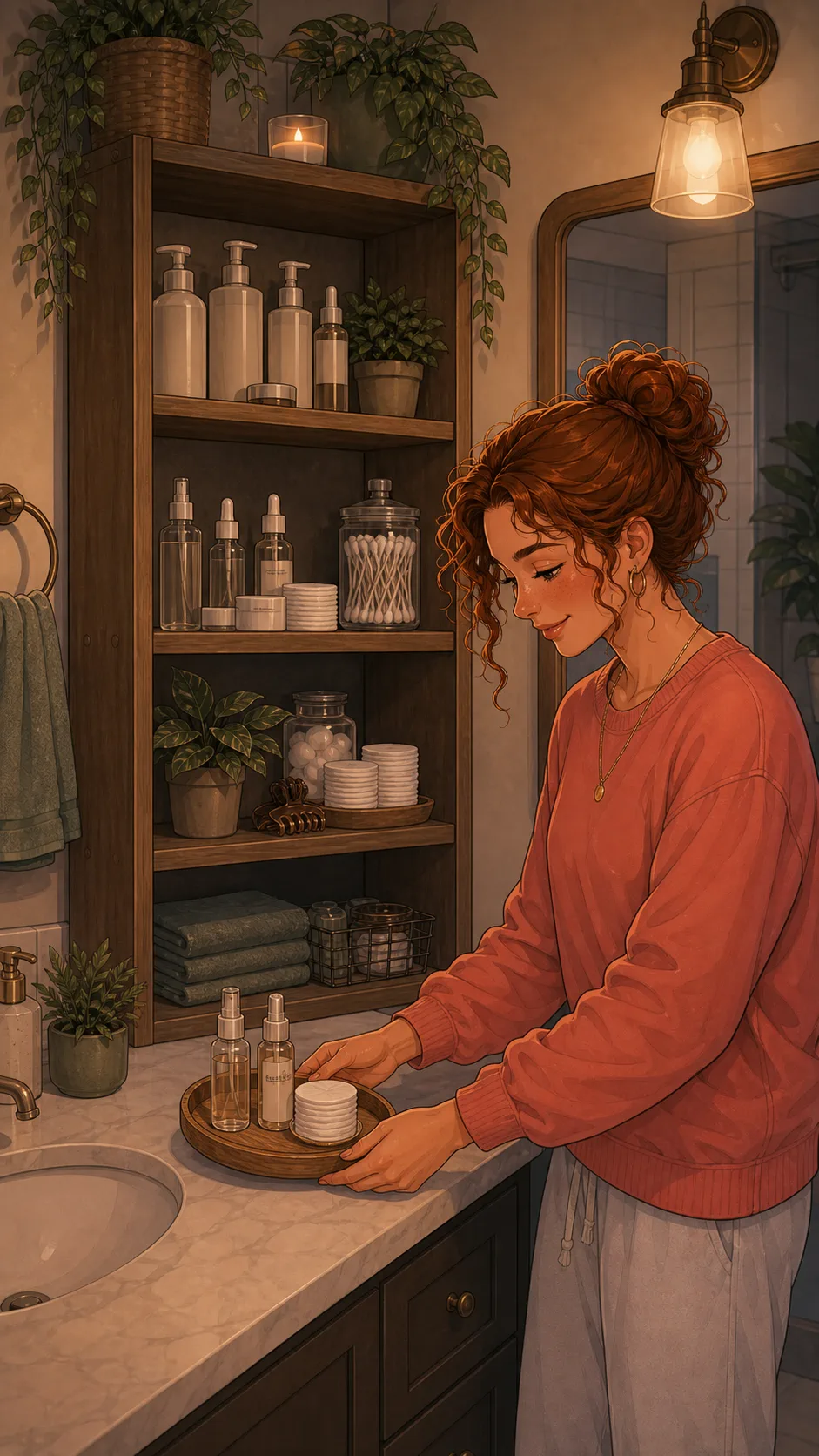 Harper places a tray beside Lina's bathroom shelf.
