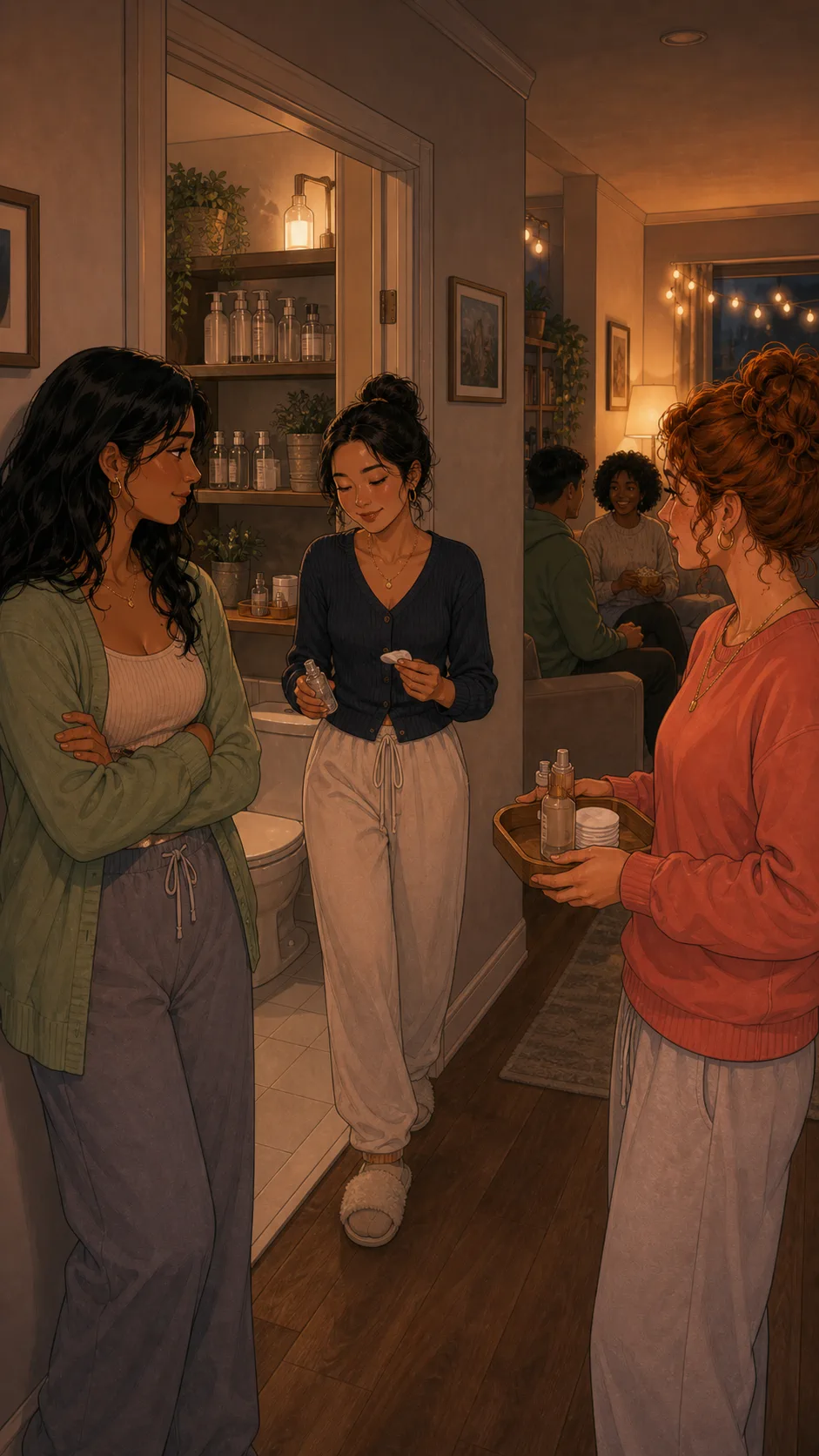 Guests pass through the bathroom area during movie night.