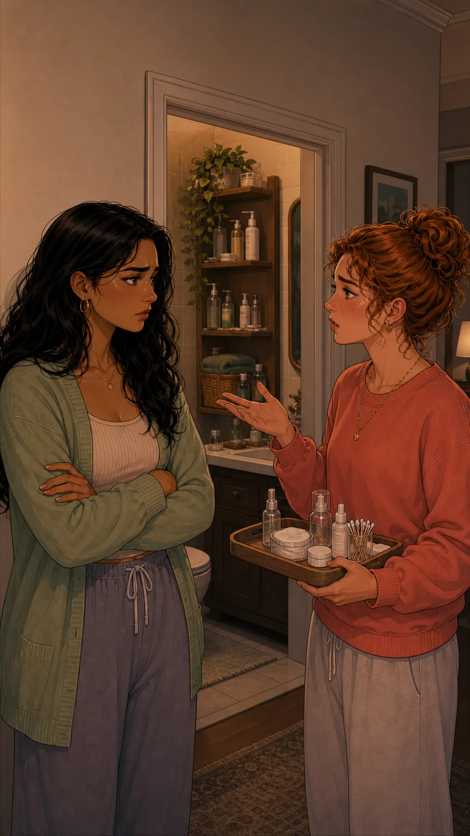 Lina confronts Harper by the bathroom doorway.