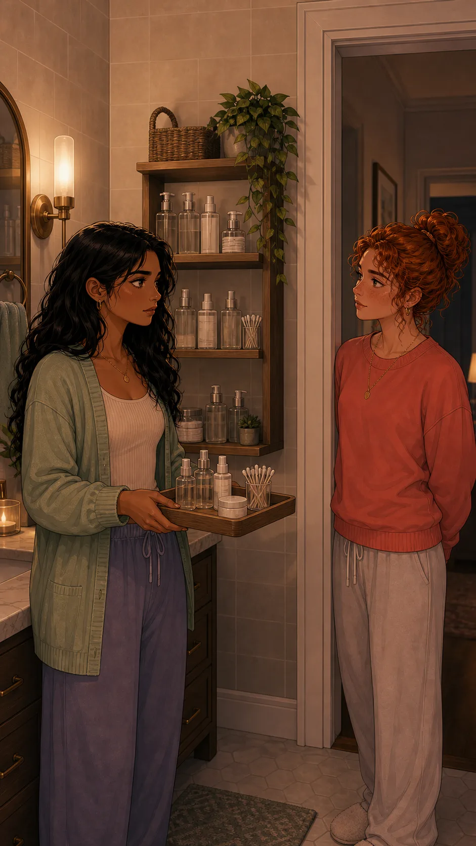 Lina holds the tray while deciding what should happen next.