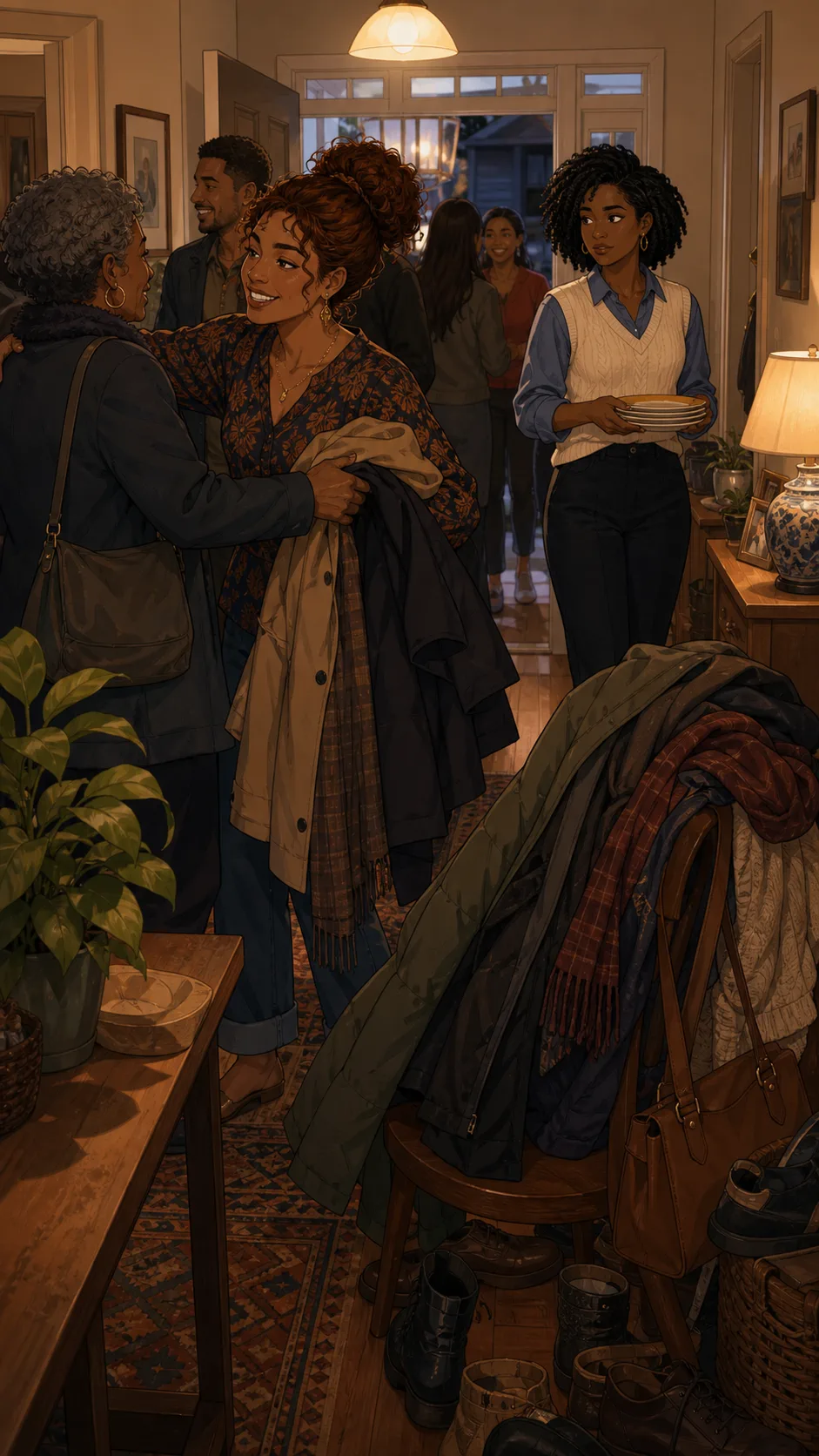 Maren handles coats in a crowded family entryway.