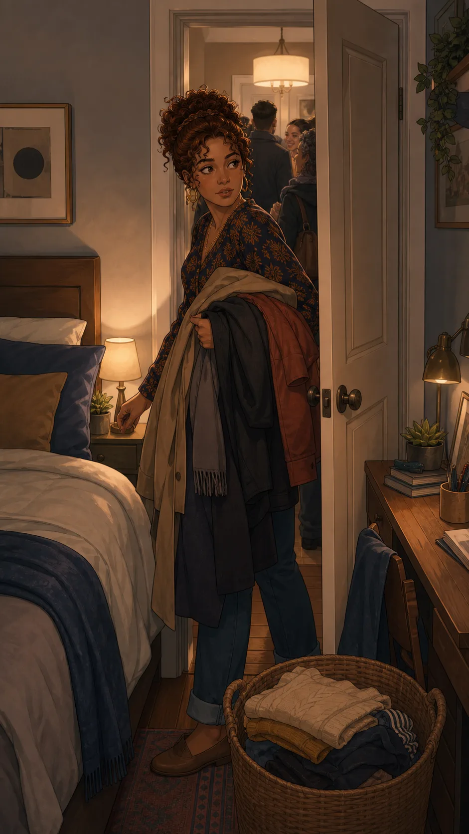 Maren opens Tessa's bedroom with coats in her arms.