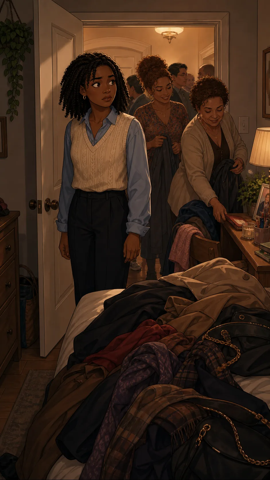 Tessa discovers guests using her bedroom as a coat room.