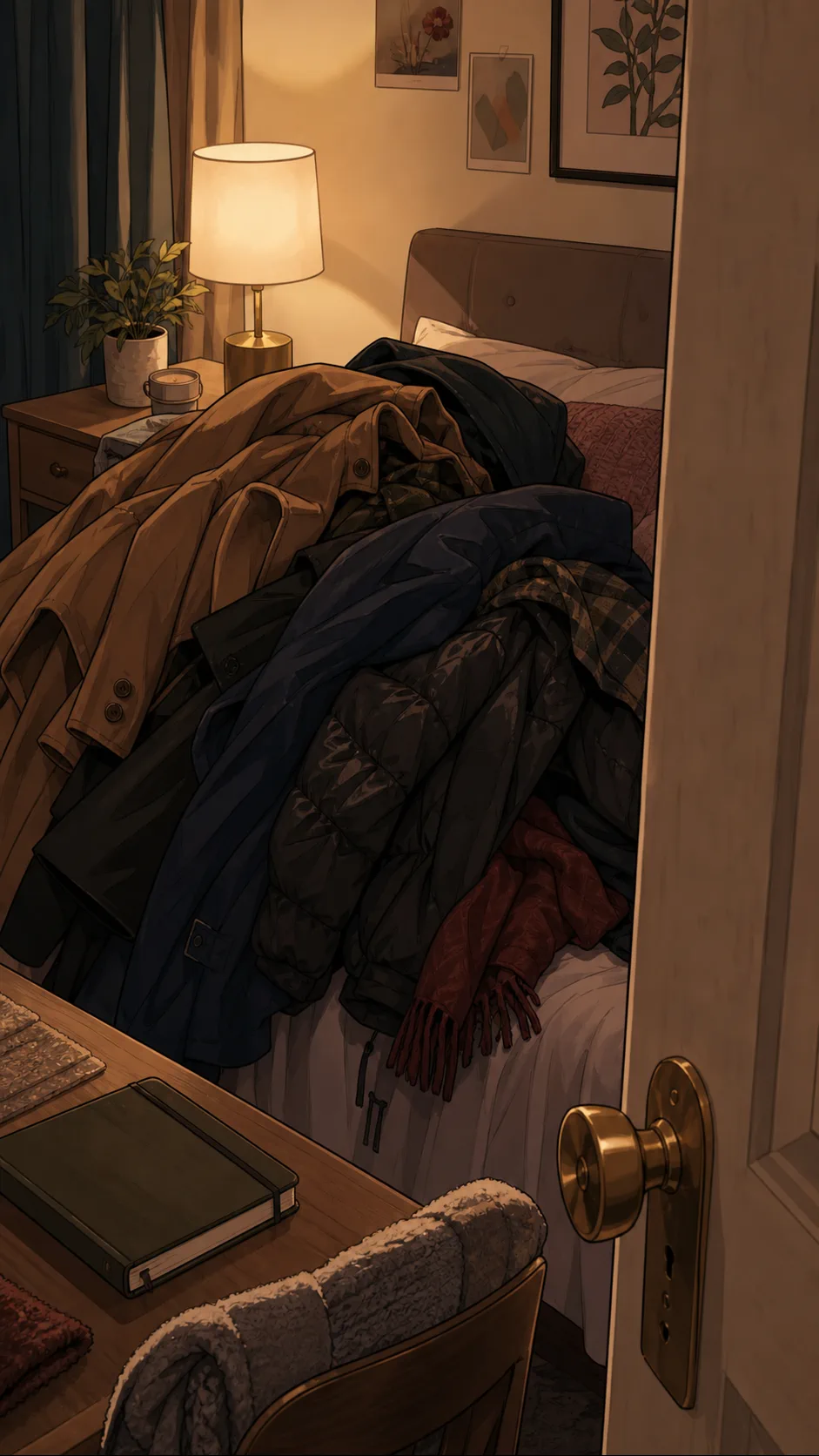 A stack of coats sits beside a closed notebook in a bedroom.