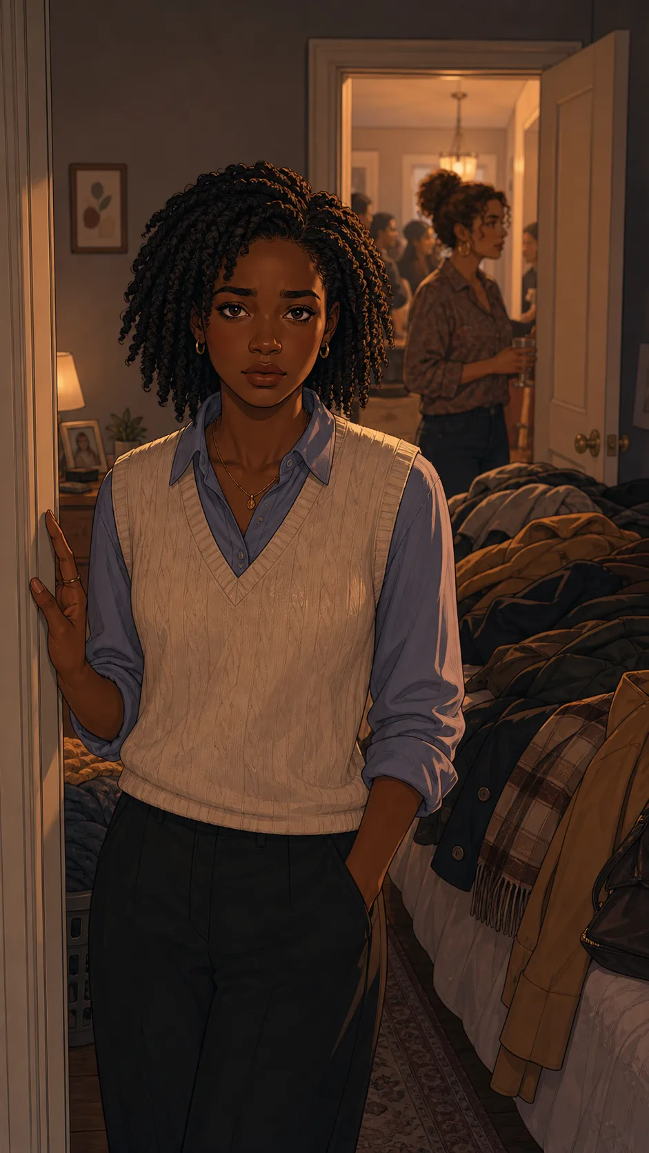 Tessa stands in the bedroom doorway deciding what to do.