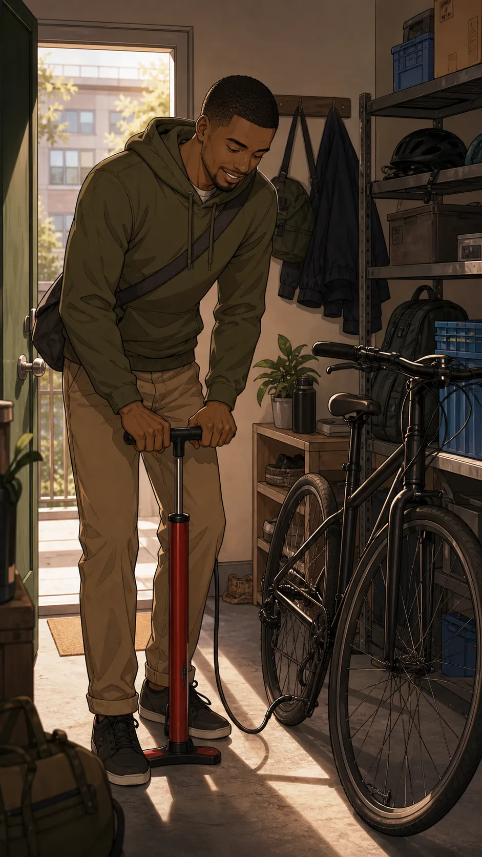 Jordan uses his red floor bike pump in an apartment storage room.