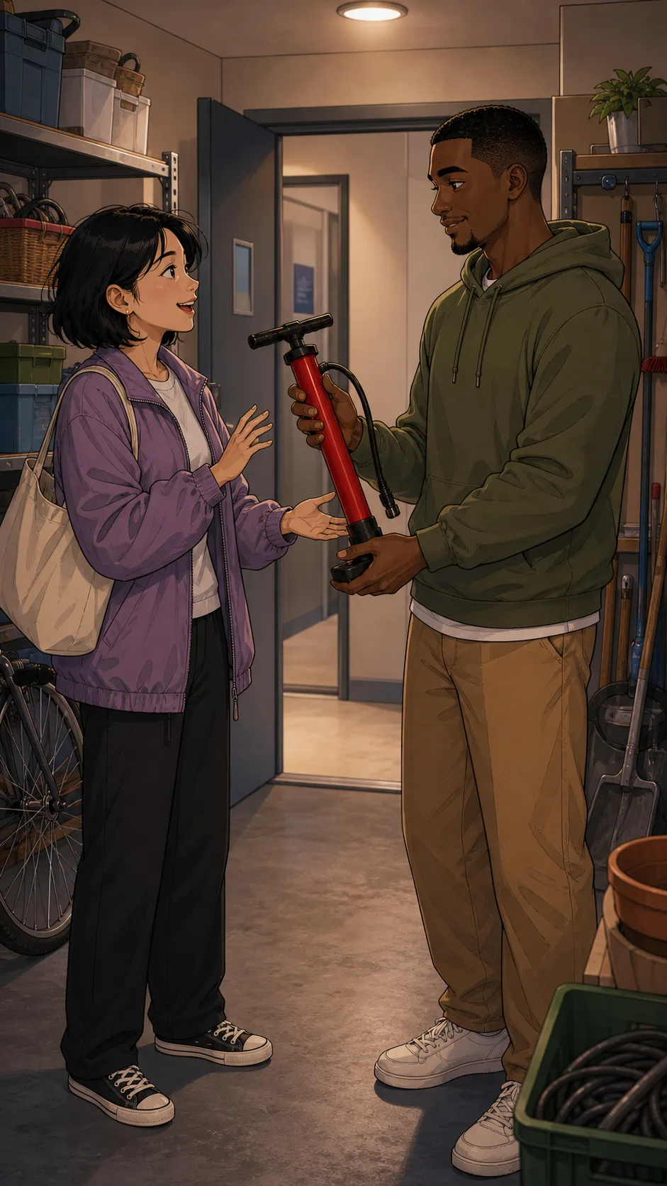 Mei borrows Jordan's bike pump in the storage area.