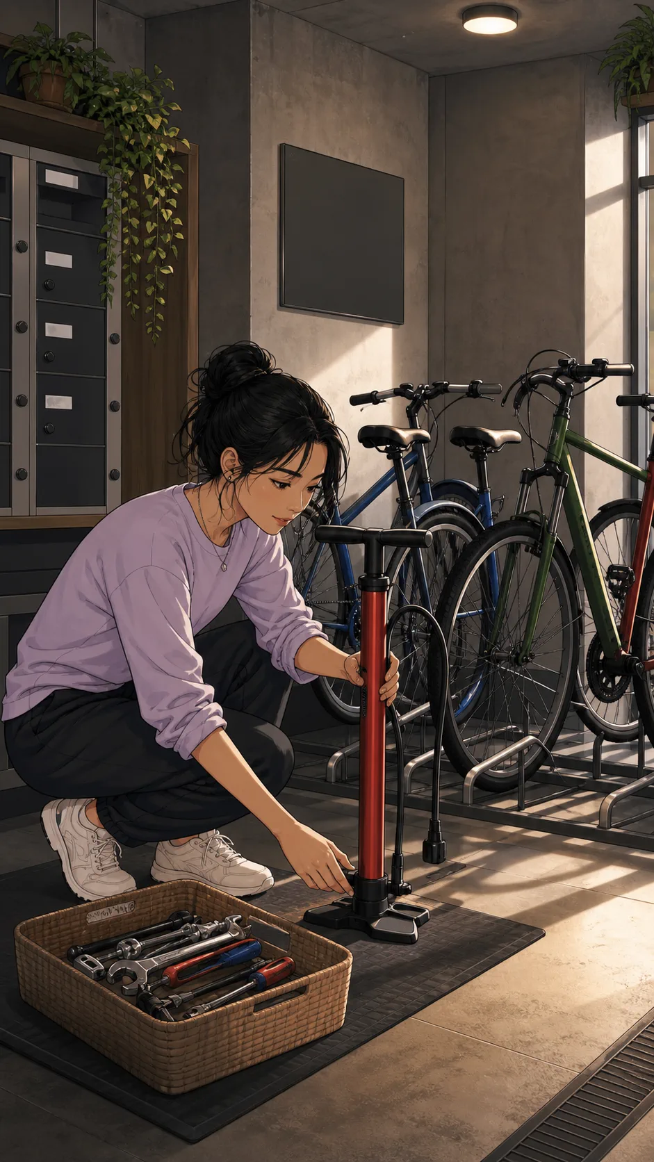 Mei places Jordan's bike pump in the mailroom bike nook.