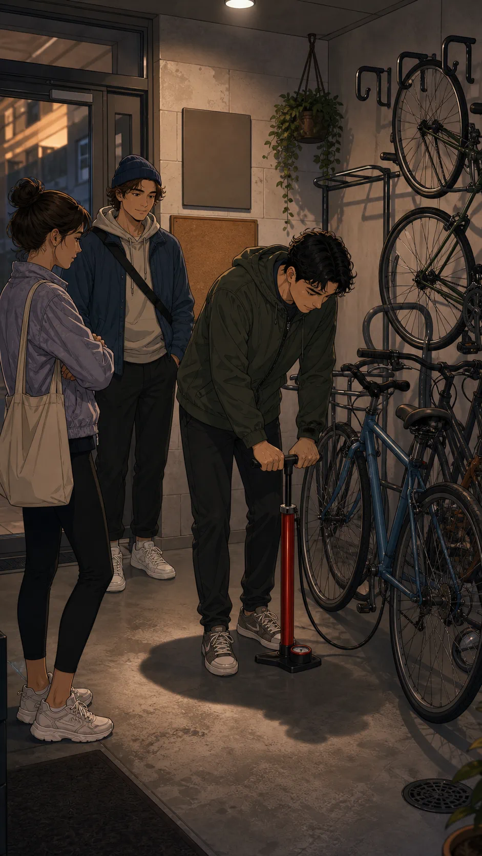 Neighbors use Jordan's bike pump in the apartment bike nook.