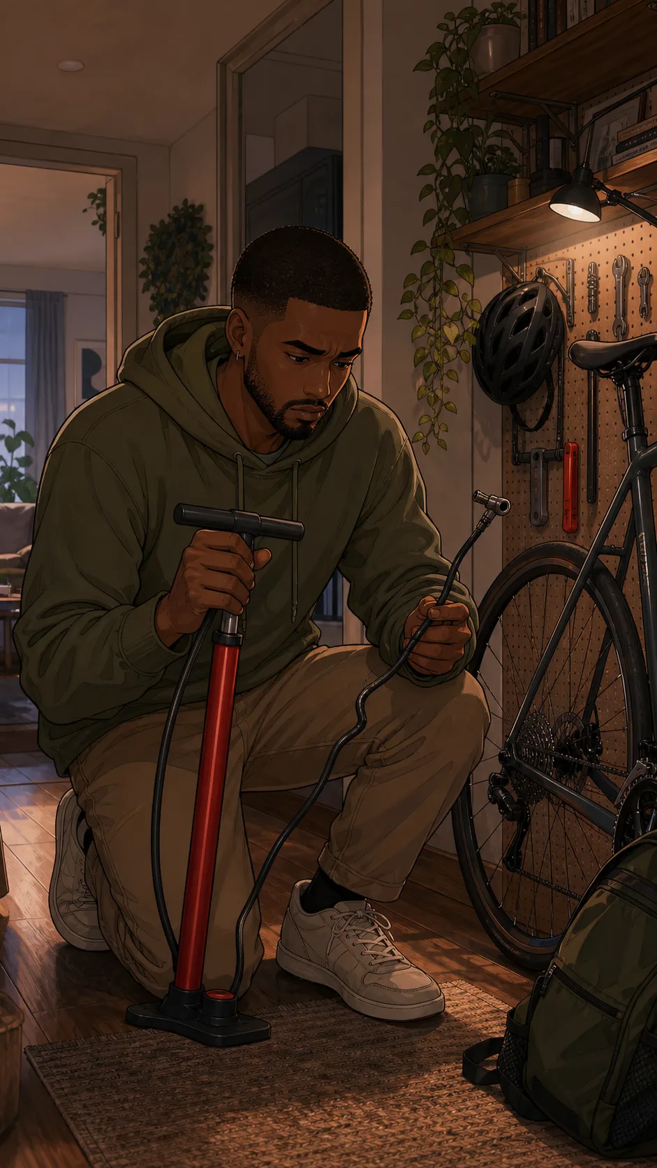 Jordan finds the bike pump hose bent in the apartment bike nook.