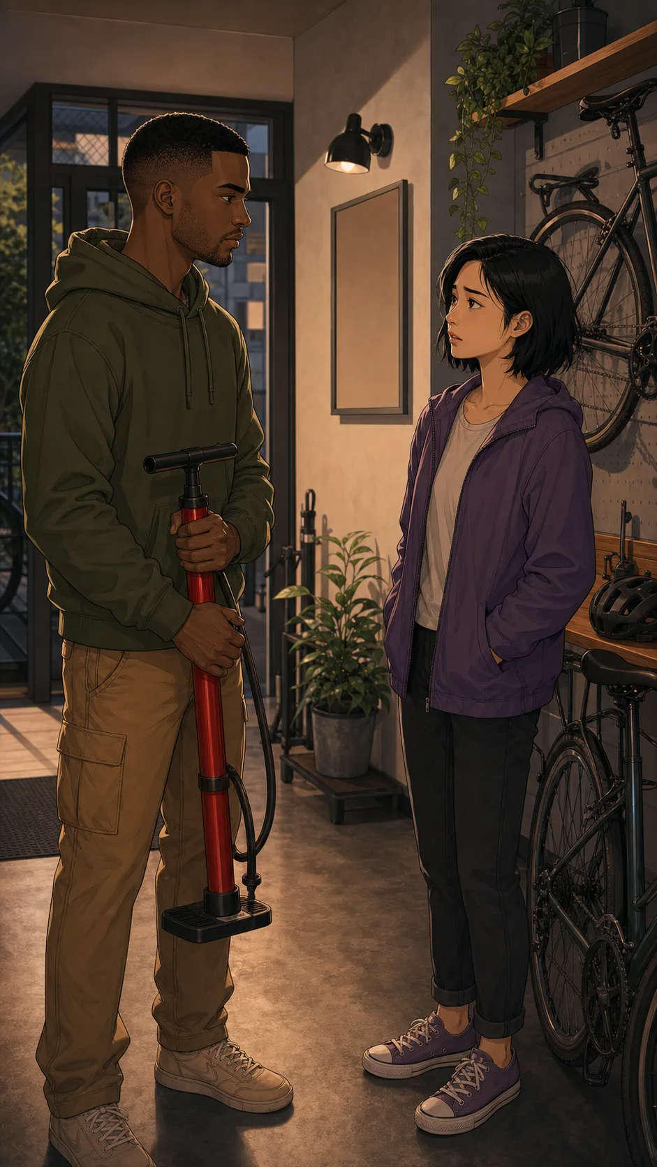 Jordan and Mei discuss the bike pump in the mailroom.