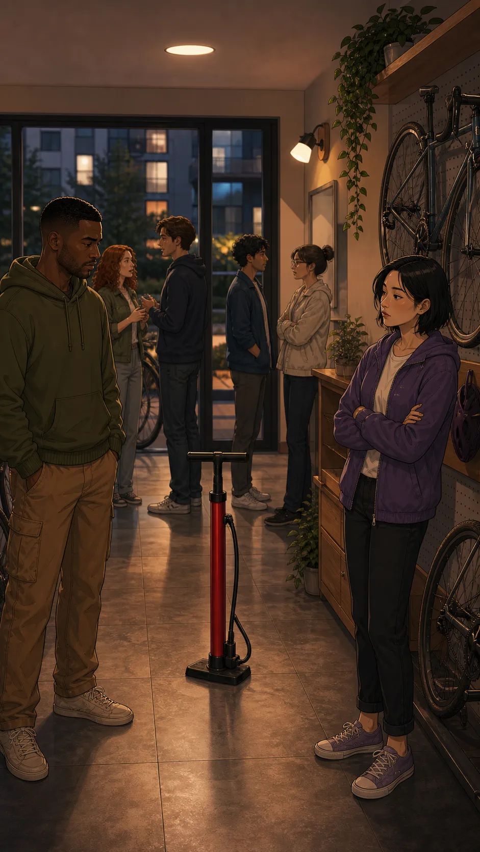 Neighbors split around the bike repair station.