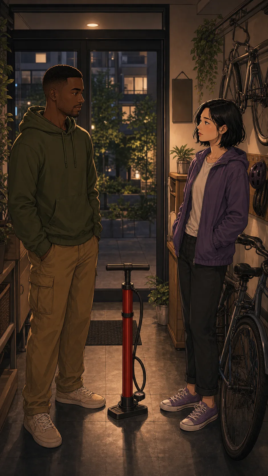 Jordan and Mei stand thoughtfully beside the bike pump.