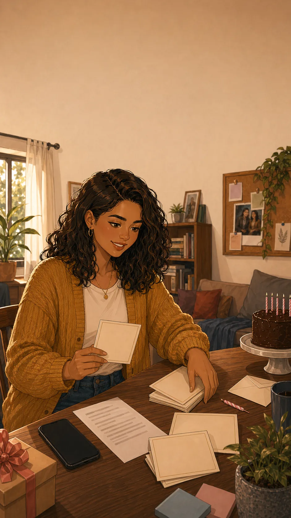 Tara smiles at a generic apartment desk while arranging blank birthday brunch planning items and an unreadable reservation note.