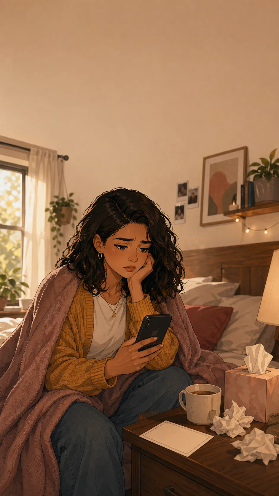 Tara sits in bed under a blanket with tea nearby, texting on a phone whose screen faces her.