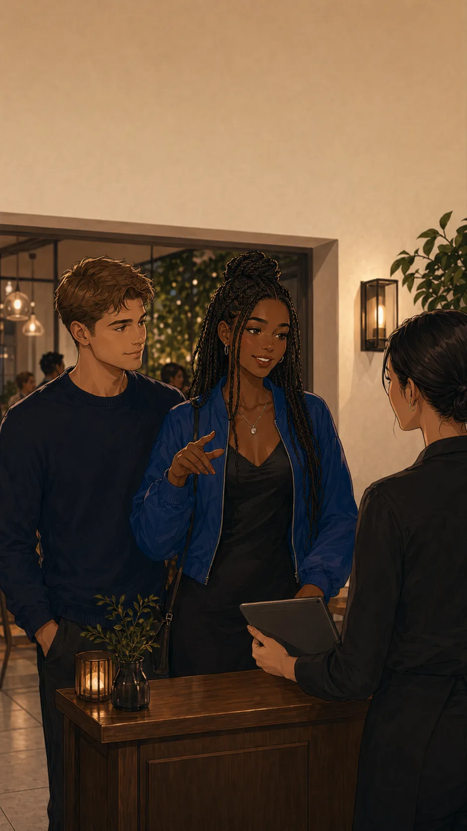 Lena stands at a generic cafe host stand with a date while the host holds a blank reservation tablet angled away.