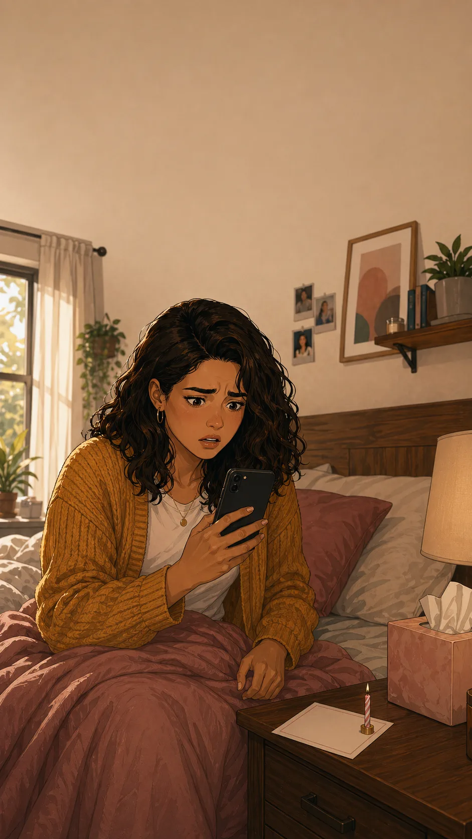 Tara sits up in bed looking hurt while holding her phone with the screen facing herself.