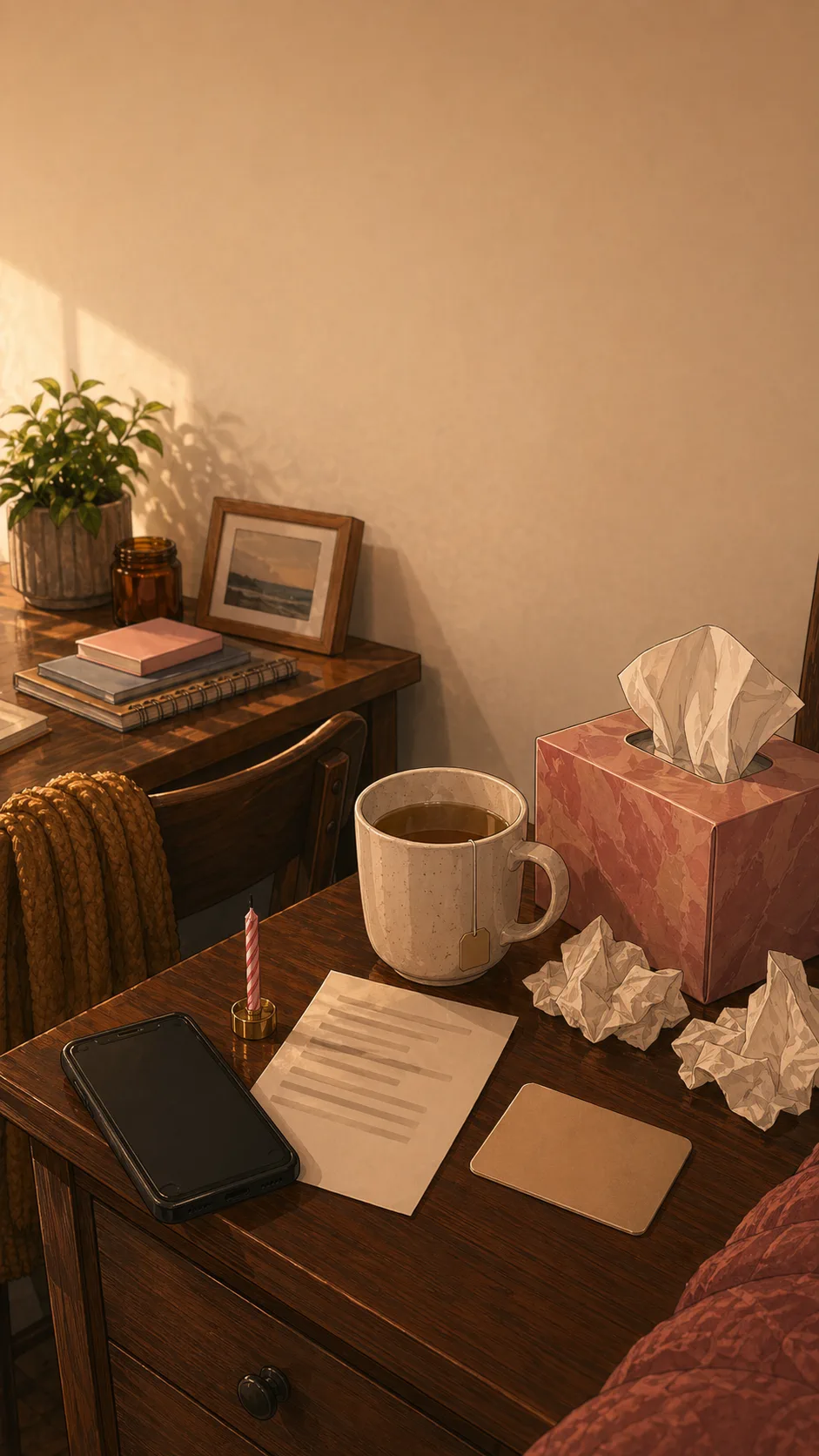 A bedside tabletop shows an unreadable reservation note, a small birthday candle, tea, tissues, a face-down phone, and a blank cafe card.
