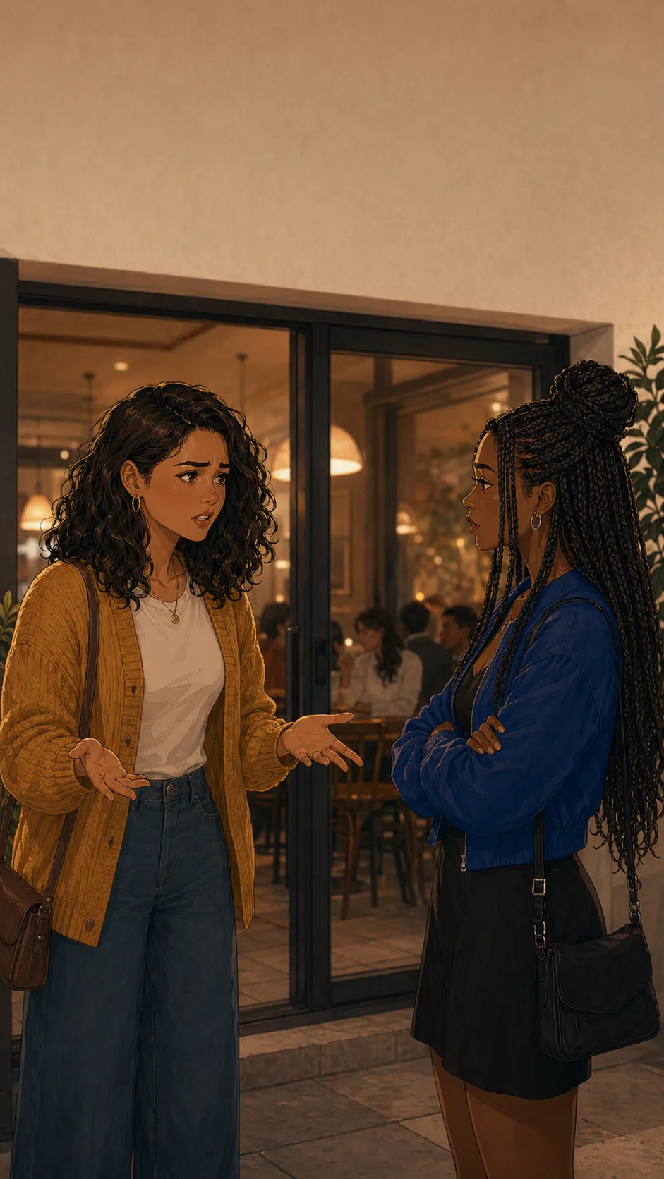 Tara and Lena have a tense conversation outside a generic cafe doorway.