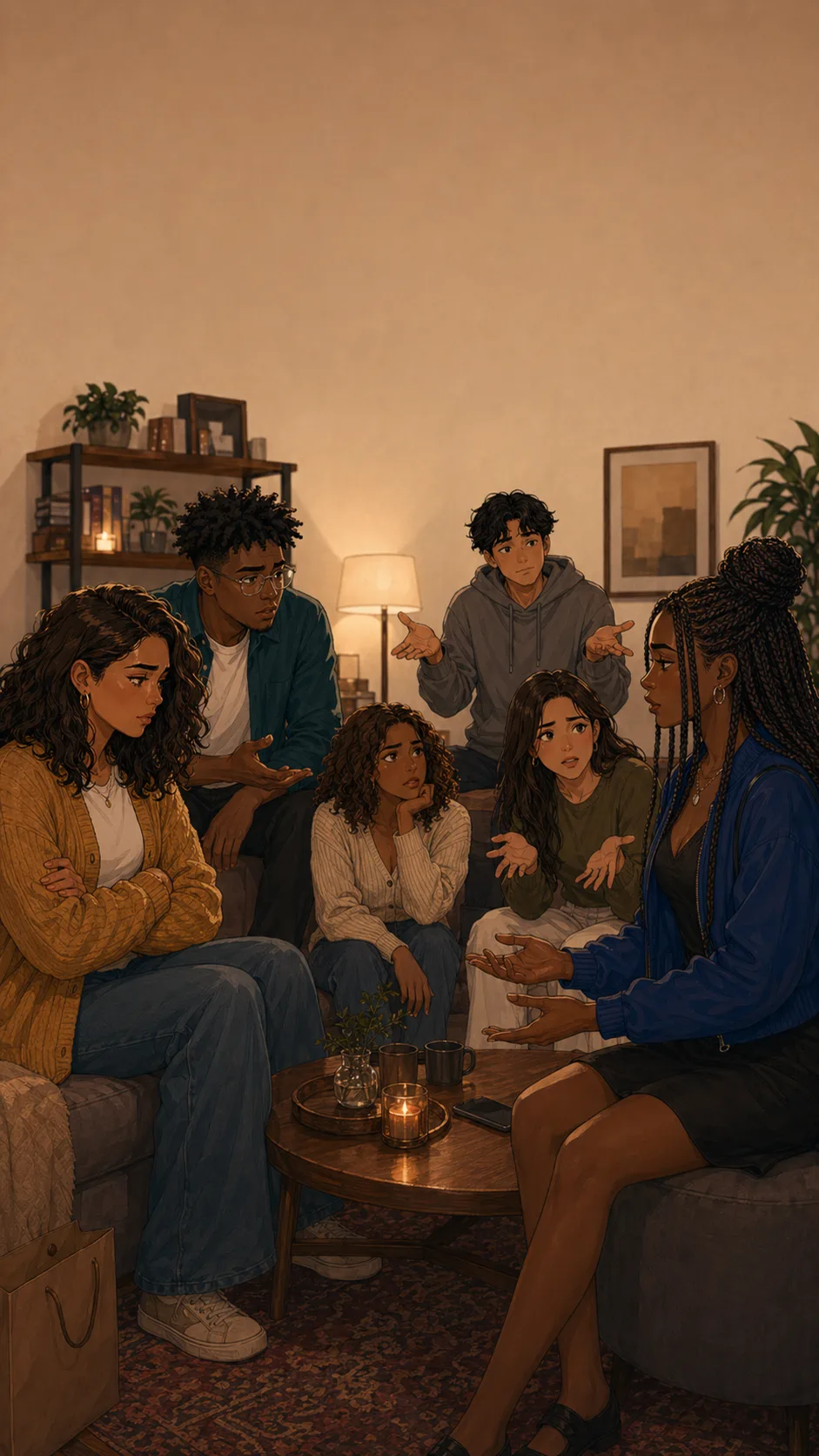 Tara, Lena, and friends sit in a generic living room with the group visibly split into different opinions.