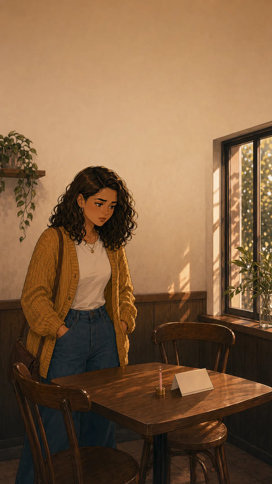 Tara stands thoughtfully beside an empty generic cafe table with a blank birthday candle and unreadable reservation note.