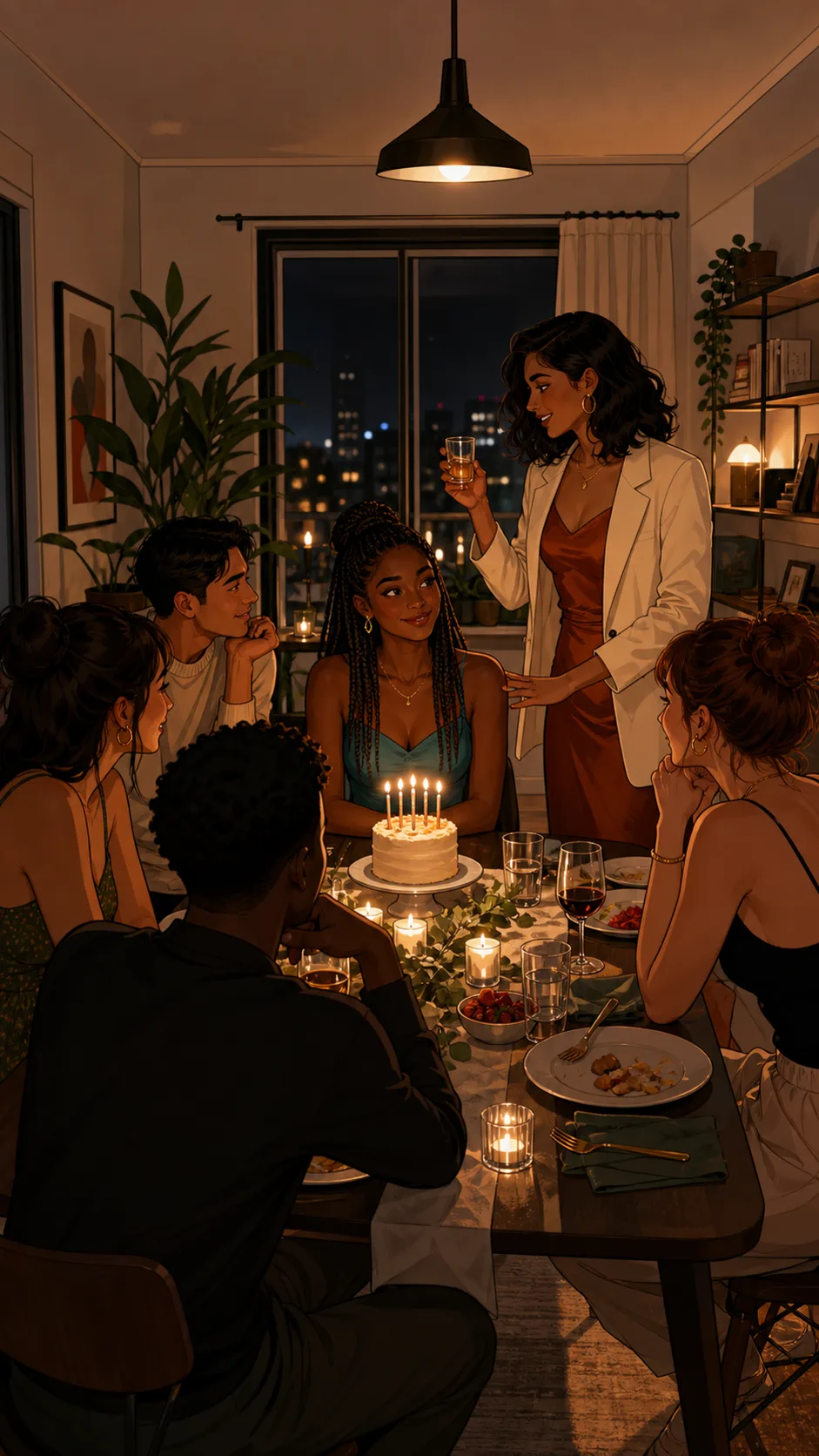 Lena sits at a birthday dinner while Priya stands to make a toast.