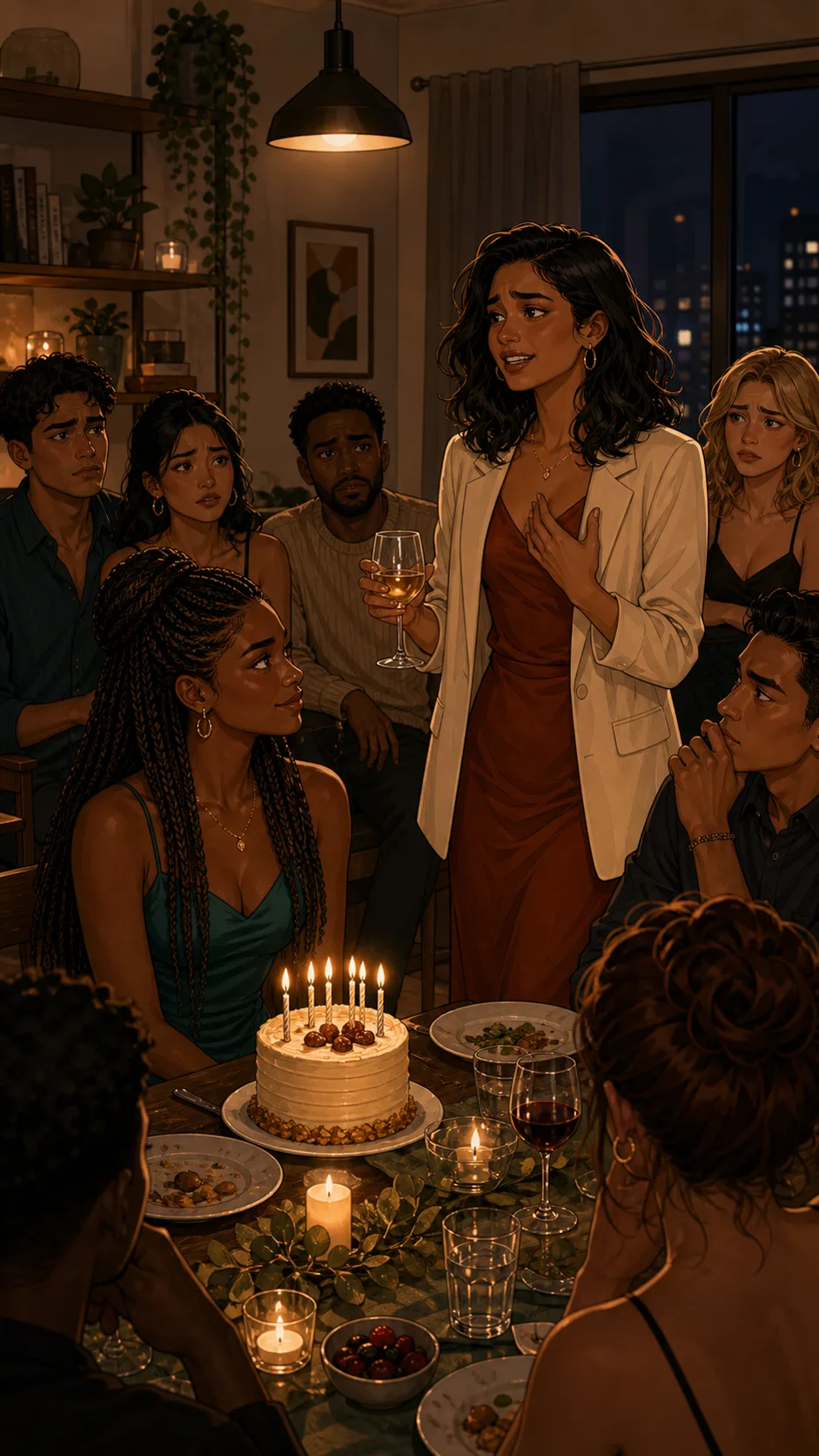 Priya begins a birthday toast while Lena and friends listen.