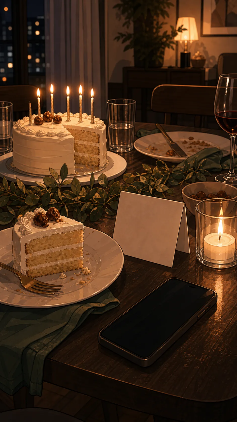 An untouched cake slice and face-down phone sit beside party items.
