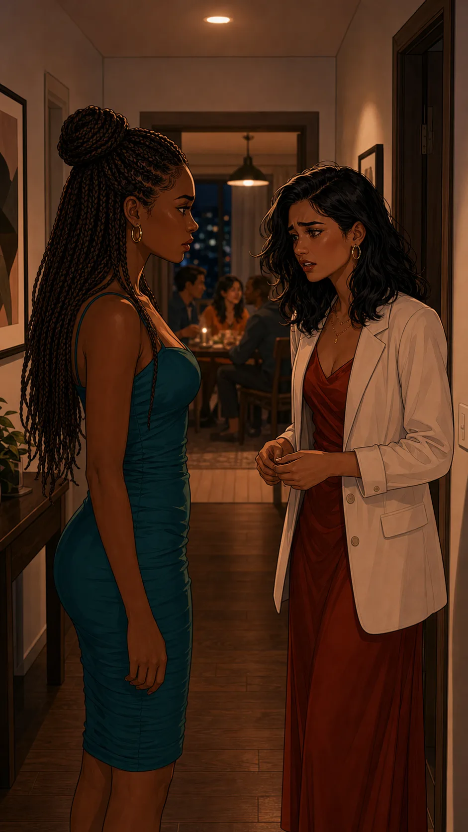 Lena and Priya talk privately outside the birthday room.
