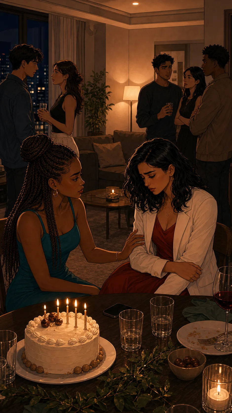 The birthday group splits between comforting Priya and checking on Lena.